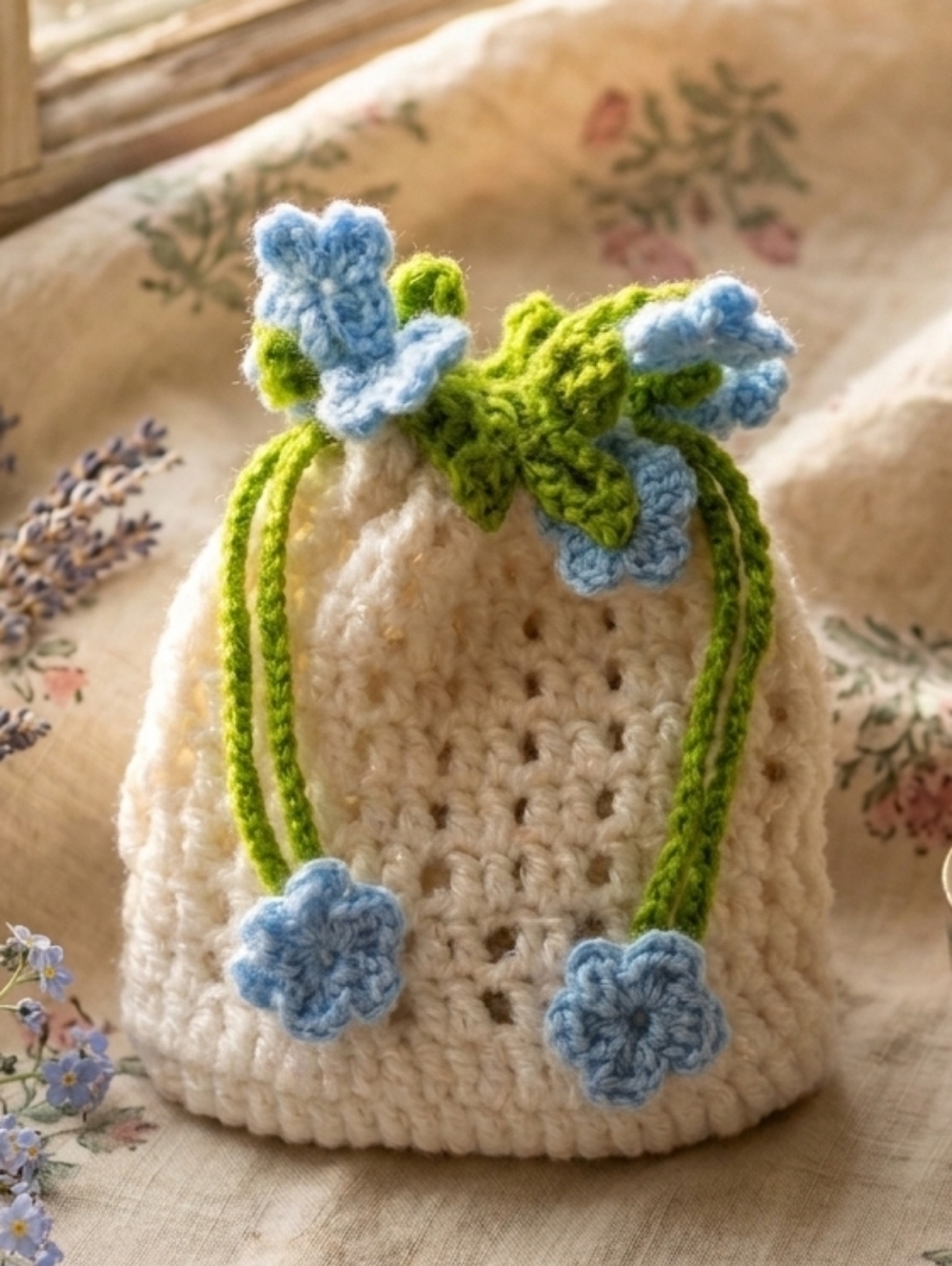 Hand-Crocheted Cream Drawstring Bag with Blue Flower Accents